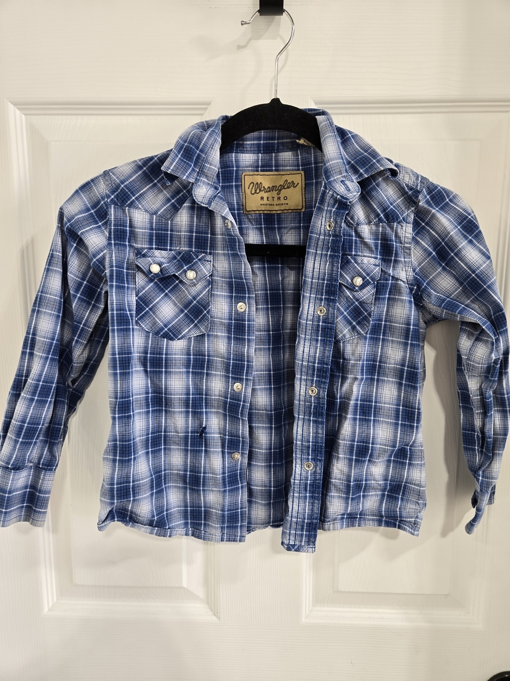 Boys Small Wrangler Blue and White Plaid Button-Down Shirt
